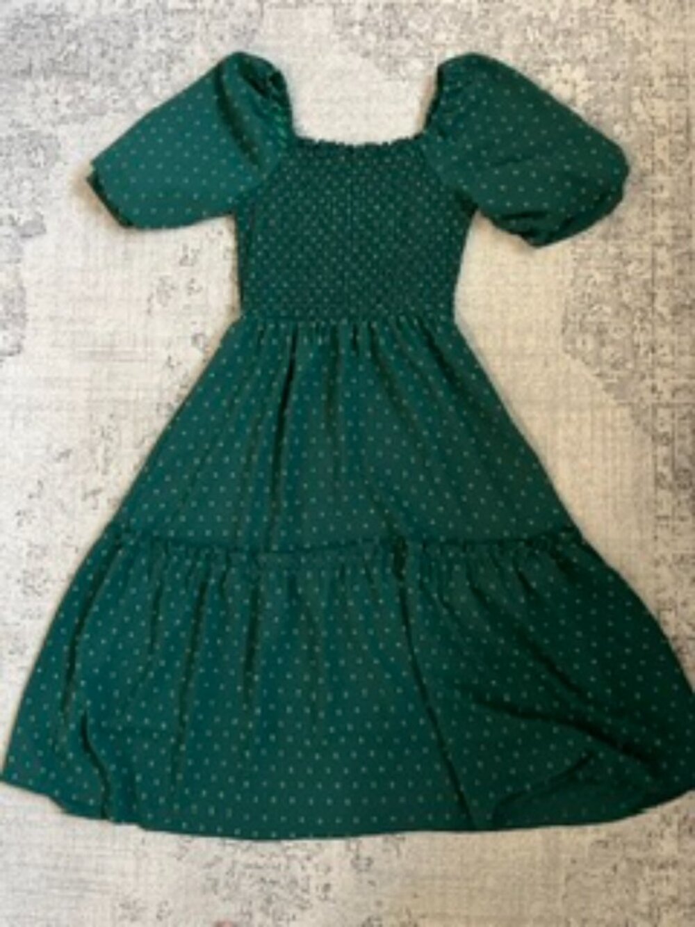 Fashion Green Tiered Midi Dress Smocked Bodice Puffed Sleeves S